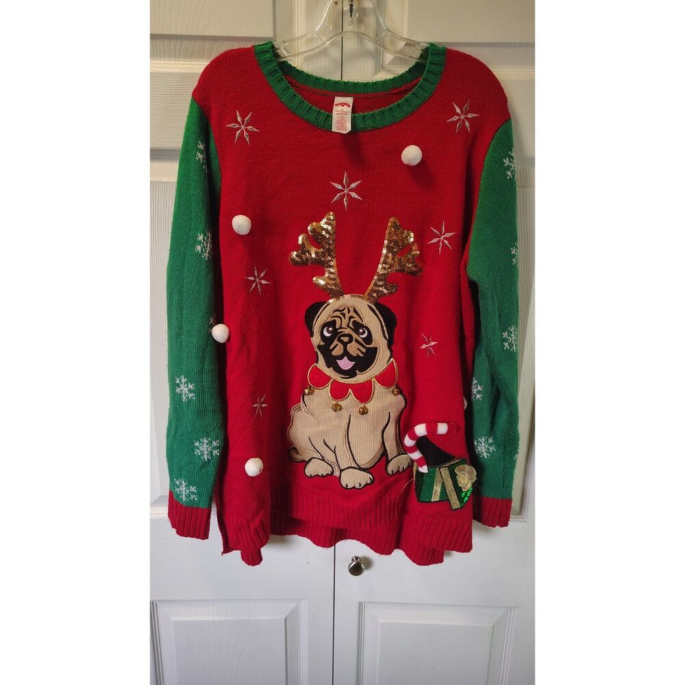 Holiday Time Women's Reindeer Pug Ugly Christmas Sweater, Size 2X